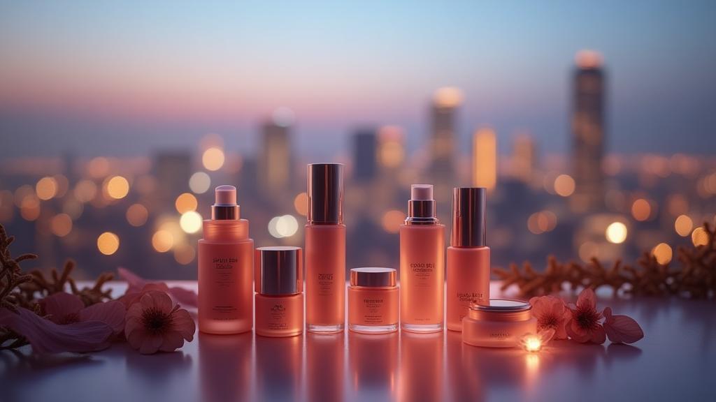 Seoul Blush cosmetics arranged with Seoul city skyline at dusk